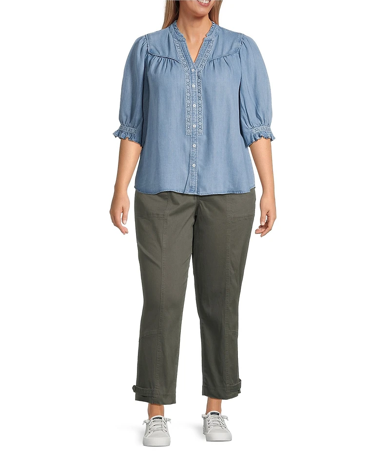 Democracy Plus Size Woven V-Notch Neck Below Elbow Sleeve Crochet Inset Detail Top