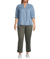 Democracy Plus Size Woven V-Notch Neck Below Elbow Sleeve Crochet Inset Detail Top