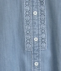 Democracy Plus Size Woven V-Notch Neck Below Elbow Sleeve Crochet Inset Detail Top