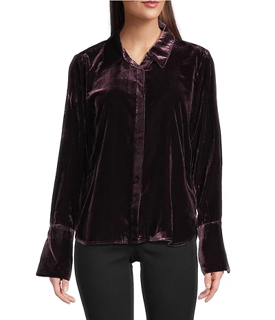 Democracy Point Collar Long French Cuff Sleeves Hidden Button Front Velvet Shirt