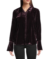 Democracy Point Collar Long French Cuff Sleeves Hidden Button Front Velvet Shirt