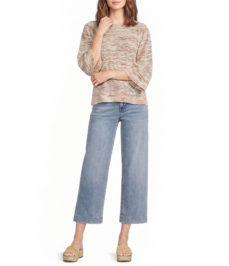 Democracy Pointelle Space Dye Crew Neck 3/4 Bell Sleeve Sweater