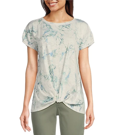 Democracy Petite Size Printed Scoop Neck Short Sleeve Twist Front Hem Knit Top