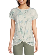 Democracy Petite Size Printed Scoop Neck Short Sleeve Twist Front Hem Knit Top