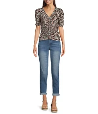Democracy Ruched Mesh Knit Animal Print V-Neck Short Sleeve Top