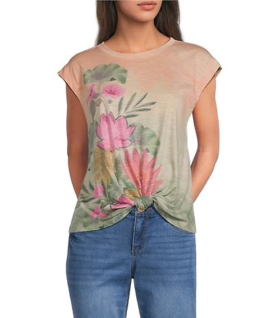 Democracy Scoop Neck Cap Sleeve Placement Print Knit Tee Top