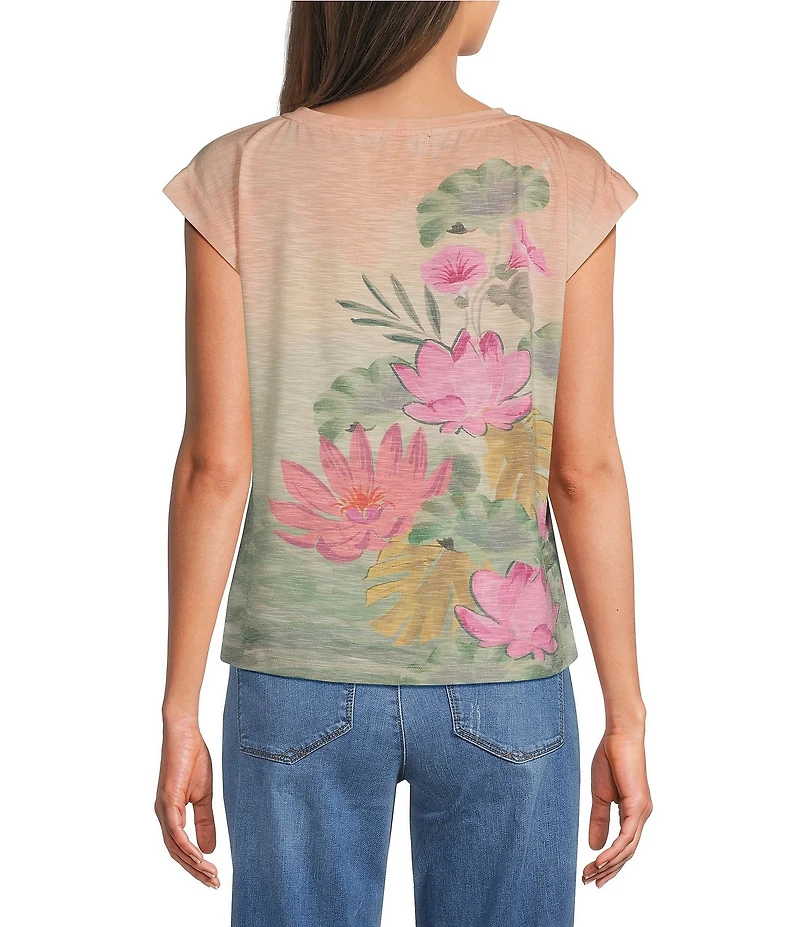 Democracy Scoop Neck Cap Sleeve Placement Print Knit Tee Top