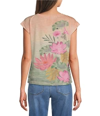 Democracy Scoop Neck Cap Sleeve Placement Print Knit Tee Top