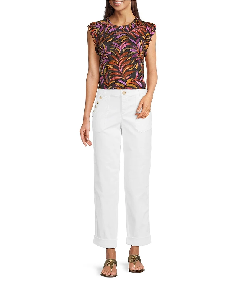 Democracy Slub Jersey Knit Leaf Print Crew Neck Ruffle Cap Sleeve Shirttail Hem Top