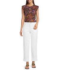 Democracy Slub Jersey Knit Leaf Print Crew Neck Ruffle Cap Sleeve Shirttail Hem Top