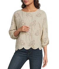 Democracy Soutache Embroidery Boat Neck 3/4 Pleated Sleeve Top