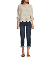 Democracy Soutache Embroidery Boat Neck 3/4 Pleated Sleeve Top