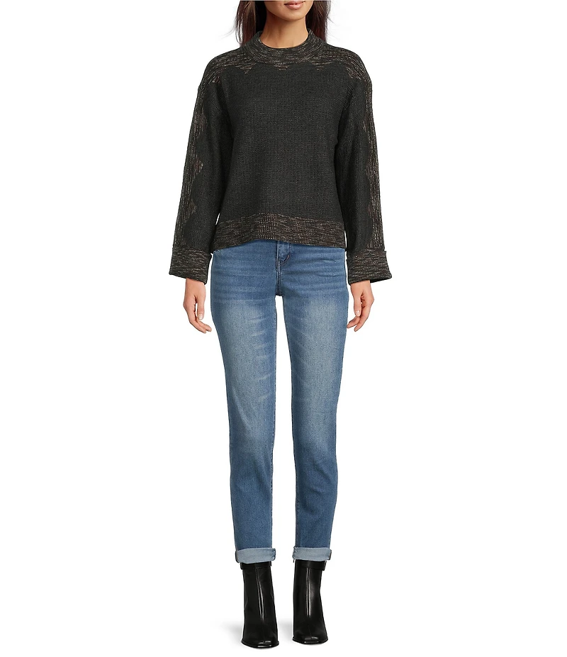 Democracy Space-Dye Frame Print Mock Neck Long Sleeve Sweater