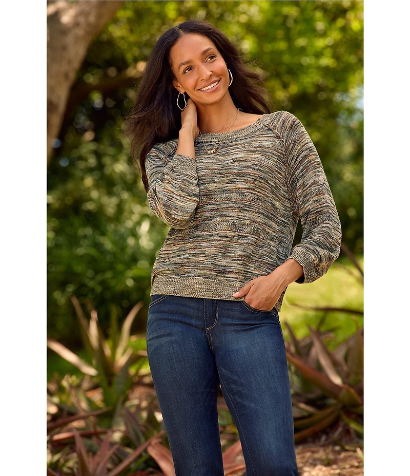 Democracy Space-Dye Print Round Neck 3/4 Sleeve Sweater