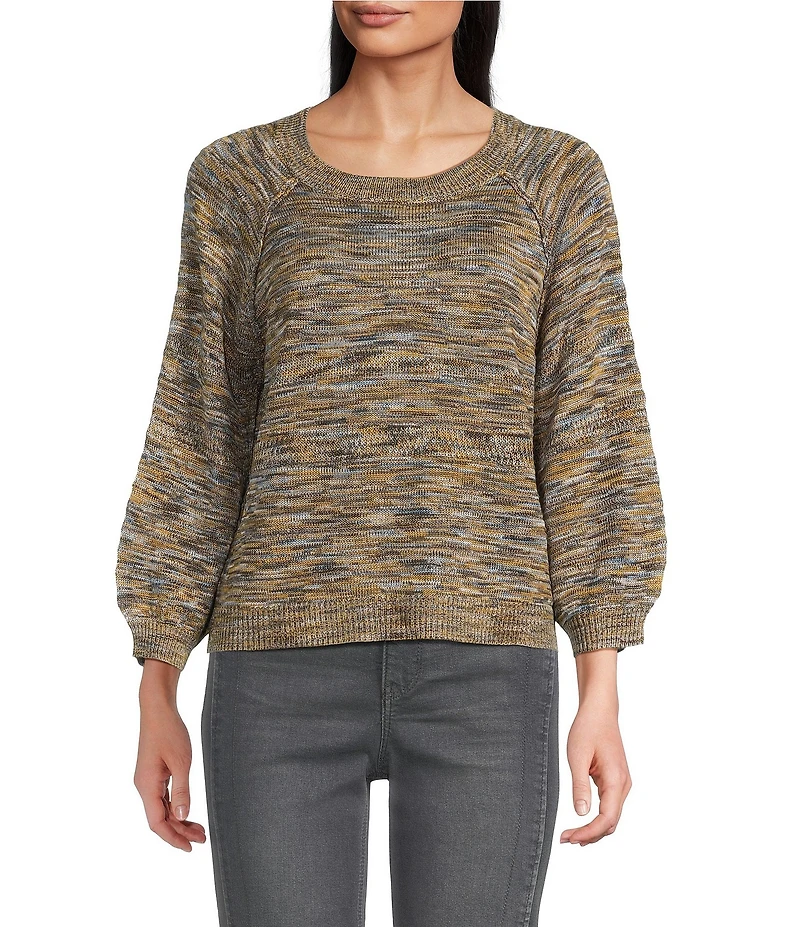 Democracy Space-Dye Print Round Neck 3/4 Sleeve Sweater