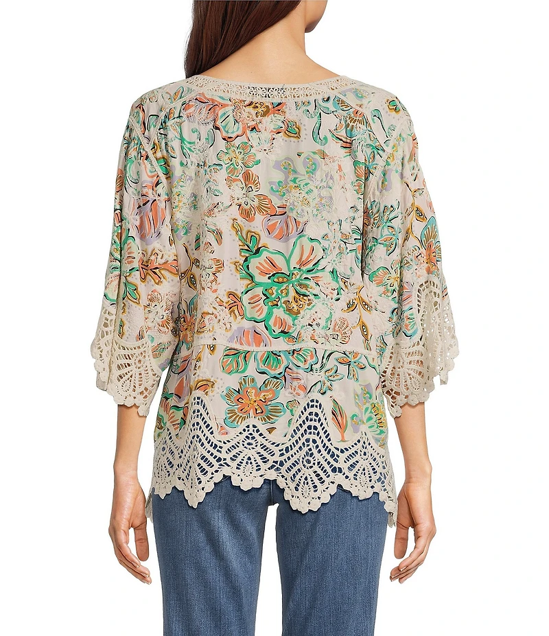 Democracy Split V-Neck Crochet Scallop Trim Peplum Top