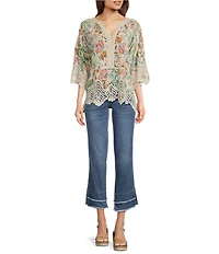 Democracy Split V-Neck Crochet Scallop Trim Peplum Top