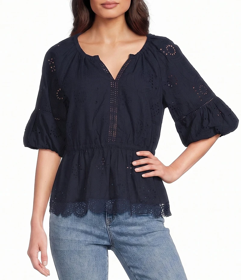 Democracy Split V-Neck Elbow Bubble Sleeve Crochet Peplum Woven Top