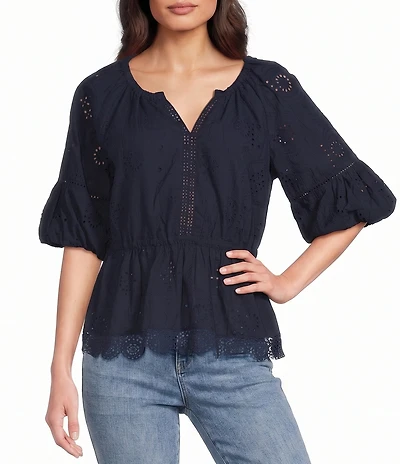 Democracy Split V-Neck Elbow Bubble Sleeve Crochet Peplum Woven Top