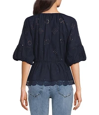 Democracy Split V-Neck Elbow Bubble Sleeve Crochet Peplum Woven Top
