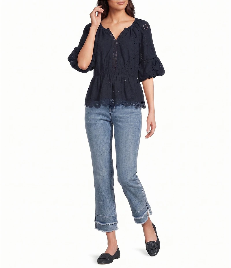 Democracy Split V-Neck Elbow Bubble Sleeve Crochet Peplum Woven Top