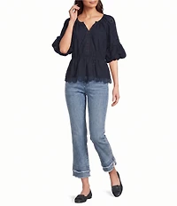 Democracy Split V-Neck Elbow Bubble Sleeve Crochet Peplum Woven Top