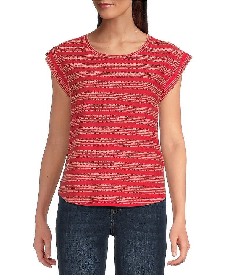 Democracy Stripe Scoop Neck Cap Sleeve Shirttail Hem Knit Top