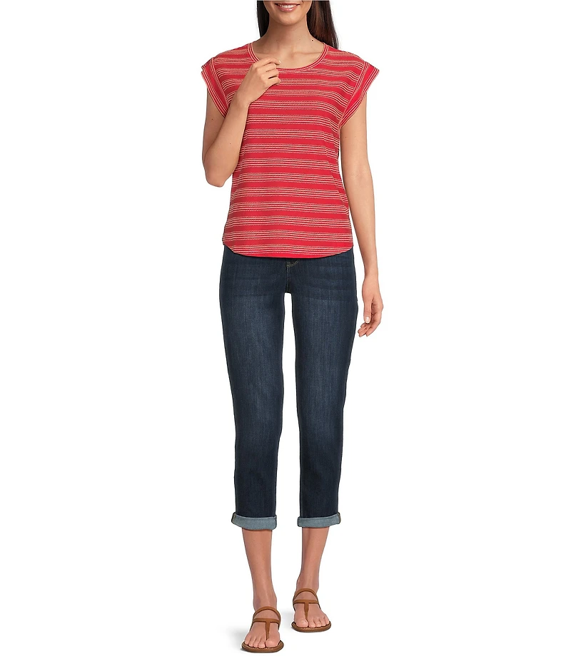 Democracy Stripe Scoop Neck Cap Sleeve Shirttail Hem Knit Top