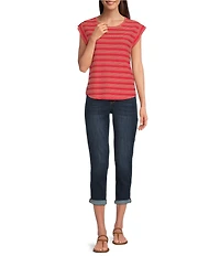 Democracy Stripe Scoop Neck Cap Sleeve Shirttail Hem Knit Top