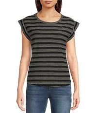 Democracy Stripe Scoop Neck Cap Sleeve Shirttail Hem Knit Top