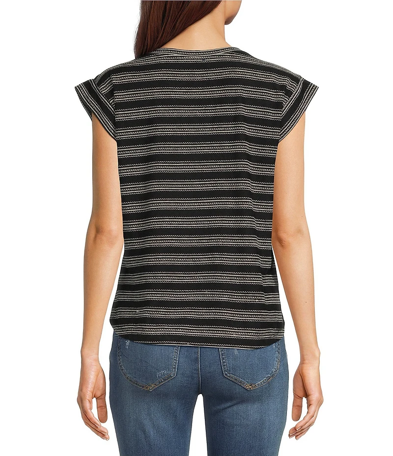 Democracy Stripe Scoop Neck Cap Sleeve Shirttail Hem Knit Top
