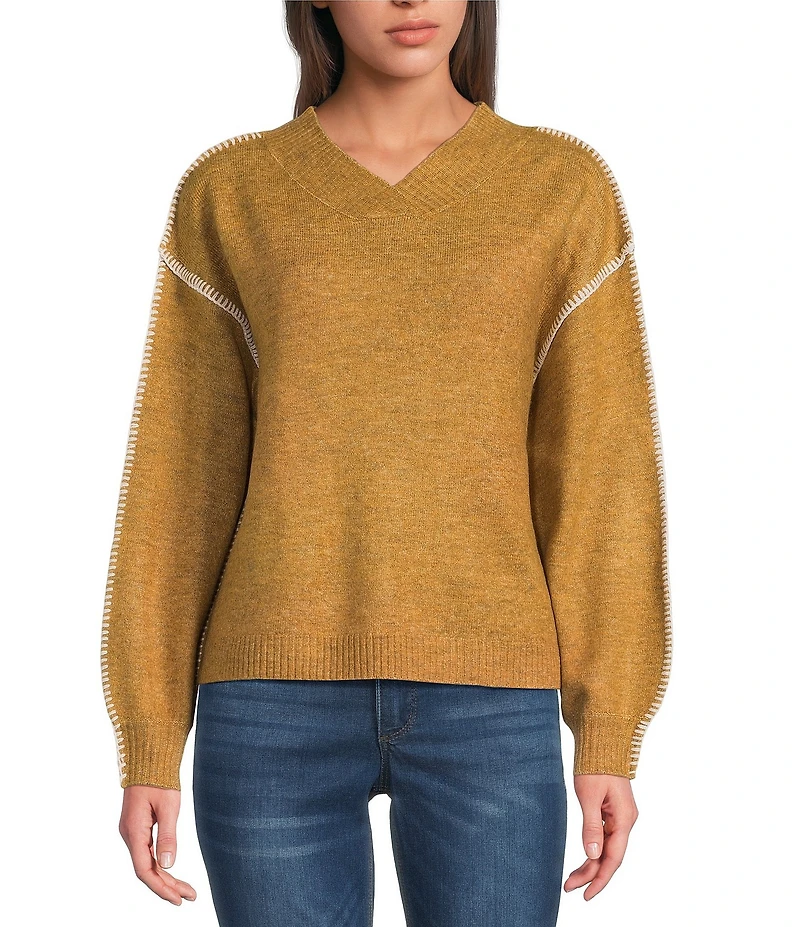 Democracy Surplice V-Neck Long Blouson Sleeve Embroidery Whipstitch Popover Sweater