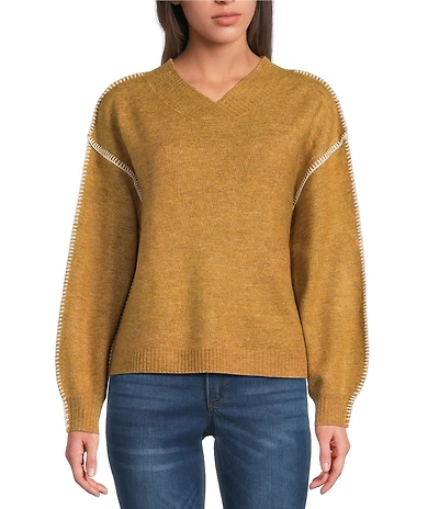 Democracy Surplice V-Neck Long Blouson Sleeve Embroidery Whipstitch Popover Sweater