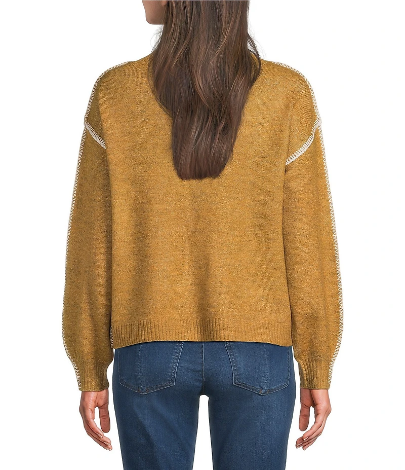 Democracy Surplice V-Neck Long Blouson Sleeve Embroidery Whipstitch Popover Sweater