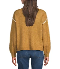 Democracy Surplice V-Neck Long Blouson Sleeve Embroidery Whipstitch Popover Sweater