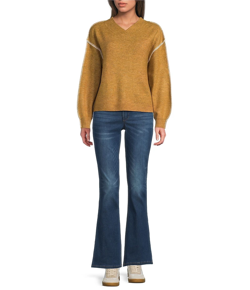 Democracy Surplice V-Neck Long Blouson Sleeve Embroidery Whipstitch Popover Sweater