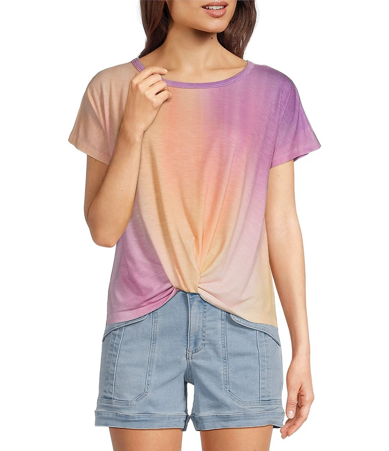 Democracy Tie-Dye Knit Scoop Neck Short Sleeve Twist Front Hem Knit Top