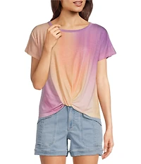 Democracy Tie-Dye Knit Scoop Neck Short Sleeve Twist Front Hem Knit Top