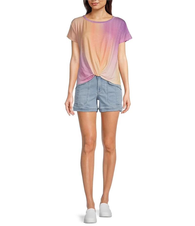 Democracy Tie-Dye Knit Scoop Neck Short Sleeve Twist Front Hem Knit Top