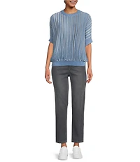 Democracy Two Tone Space-Dyed Horizon Stripe Crew Neck Short Dolman Sleeve Sweater