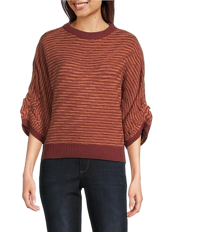 Democracy Wool Blend Stripe Ribbed Round Neck 3/4 Dolman Sleeve Bias Stitch Sweater