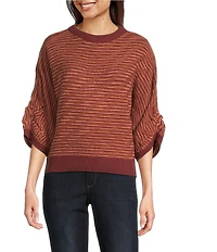Democracy Wool Blend Stripe Ribbed Round Neck 3/4 Dolman Sleeve Bias Stitch Sweater