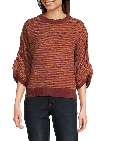 Democracy Wool Blend Stripe Ribbed Round Neck 3/4 Dolman Sleeve Bias Stitch Sweater