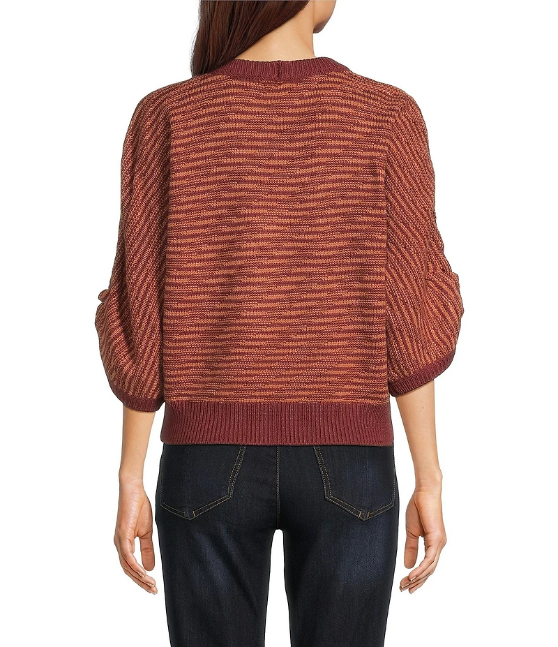 Democracy Wool Blend Stripe Ribbed Round Neck 3/4 Dolman Sleeve Bias Stitch Sweater