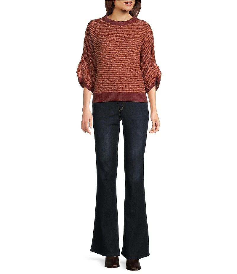 Democracy Wool Blend Stripe Ribbed Round Neck 3/4 Dolman Sleeve Bias Stitch Sweater