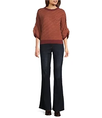 Democracy Wool Blend Stripe Ribbed Round Neck 3/4 Dolman Sleeve Bias Stitch Sweater