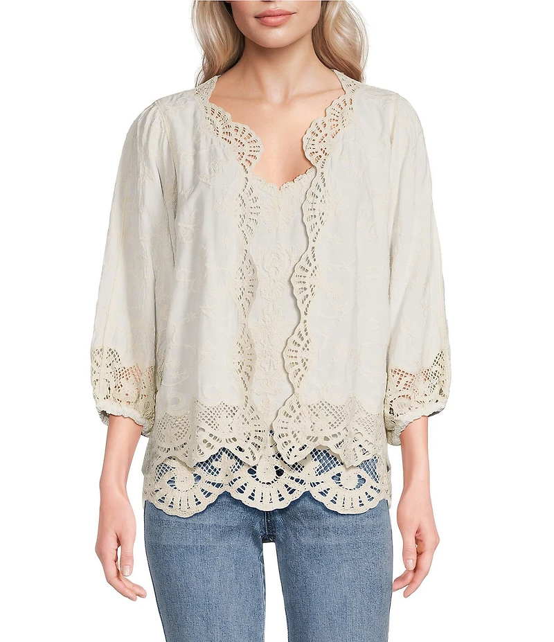 Democracy Woven 3/4 Blouson Sleeve Crochet Framing Open-Front Crop Jacket