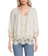 Democracy Woven 3/4 Blouson Sleeve Crochet Framing Open-Front Crop Jacket