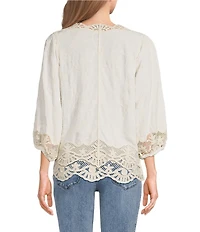 Democracy Woven 3/4 Blouson Sleeve Crochet Framing Open-Front Crop Jacket
