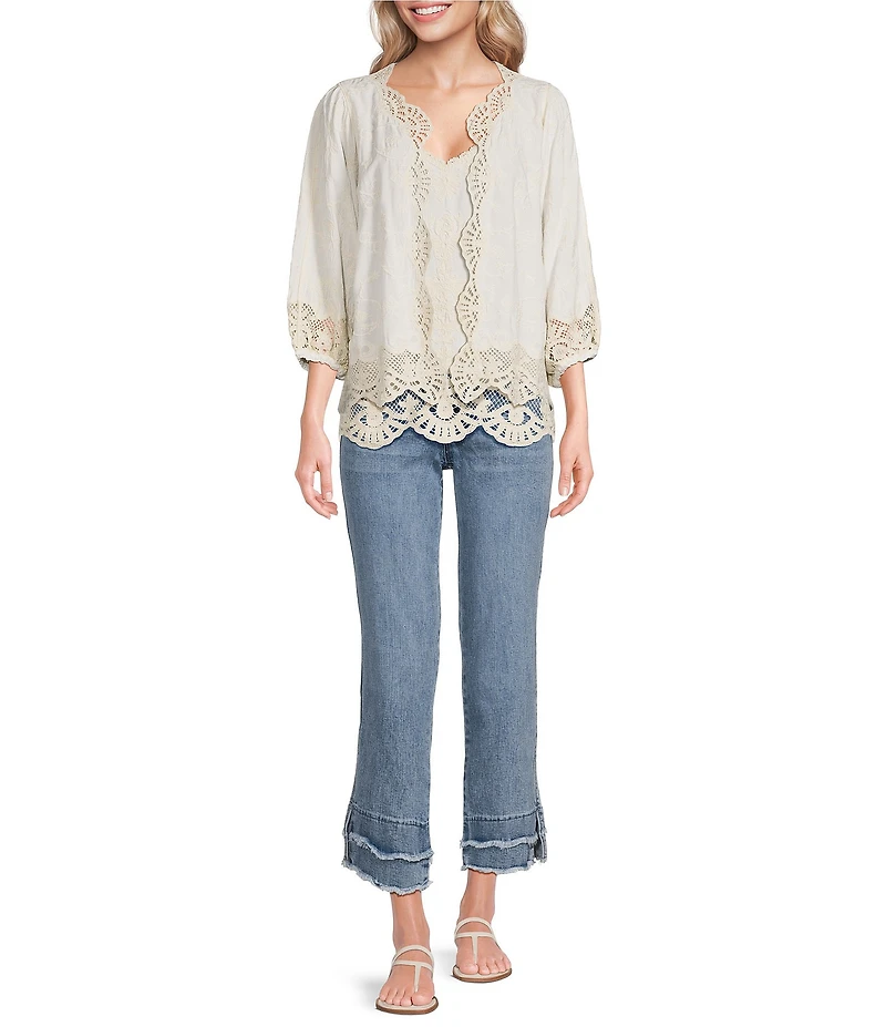 Democracy Woven 3/4 Blouson Sleeve Crochet Framing Open-Front Crop Jacket